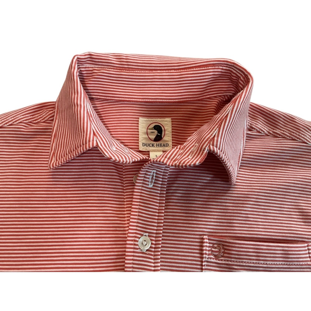 Duck Head Mens Red White Striped Short Sleeve Polo Shirt Small Pocket Logo